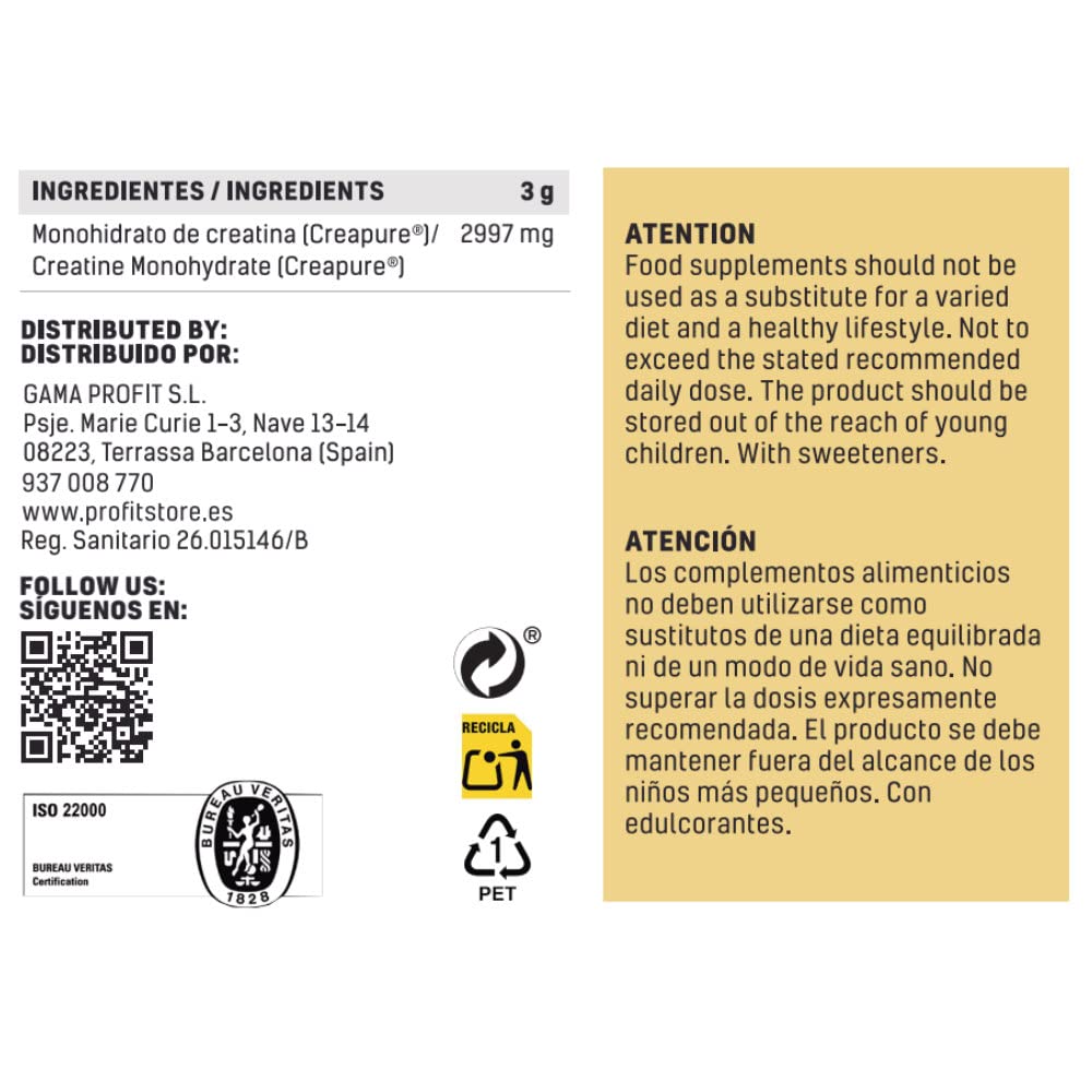 PROFIT - PurePRO Creatine (Creapure®) - 500 gr, Sin sabor - Creatina pura para mejorar el rendimiento, la fuerza y la masa muscular - Con gran biodisponibilidad
