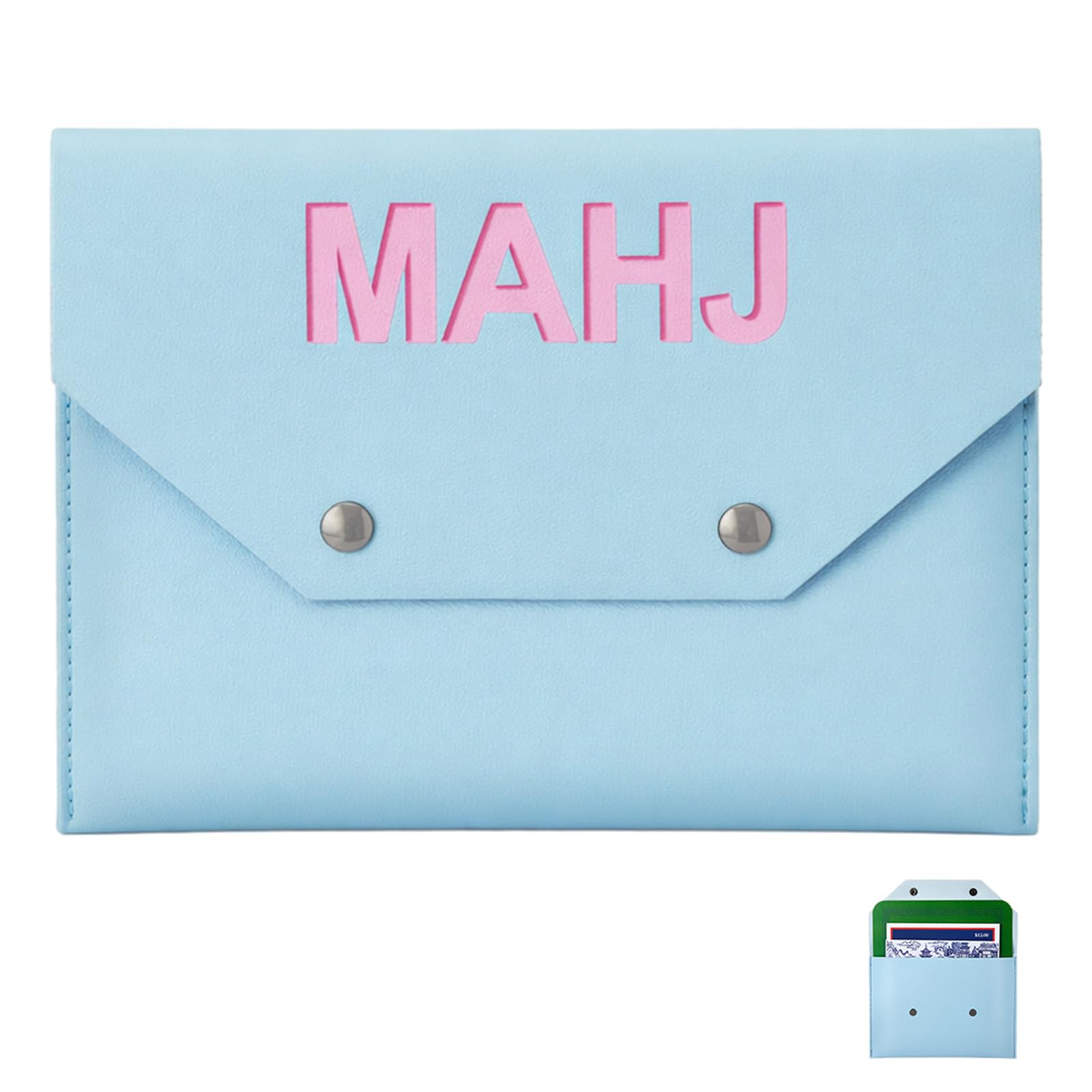 Leather Mahjong Card Holder Gift, Light Blue, 9.5x6.8 Inch, Solid Color