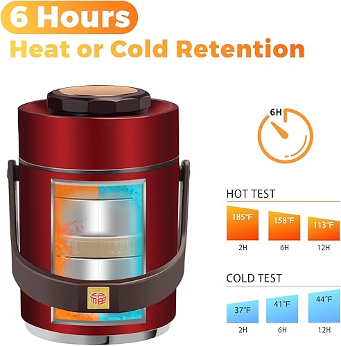 Miniatura 2 de 51 oz Adults Stainless Steel Vacuum Insulated Wide Mouth Soup Food Hot Food Jar with Keep Thermal Portable 2 Tier Stackable Bento Hot Food 51 oz Red