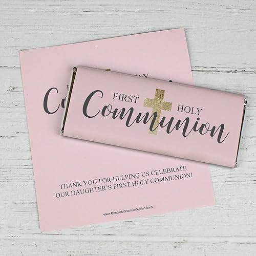 Envolturas de recuerdos de primera comunión para niñas de 24 unidades para barras de chocolate, suministros de fiesta (paquete de 24) rosa