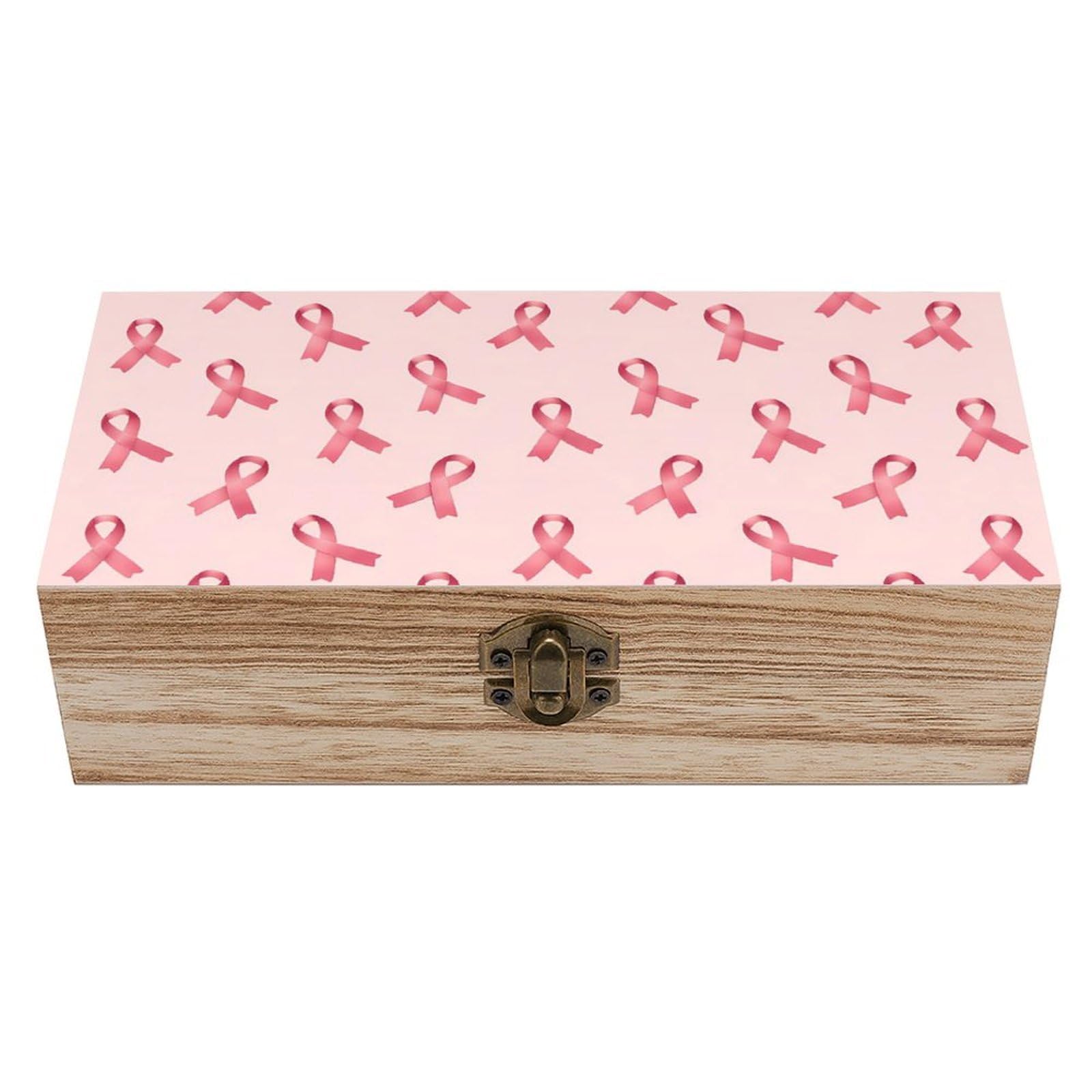 HLBSDM Breast Cancer Pink Ribbons Awareness Month Wooden Storage Box