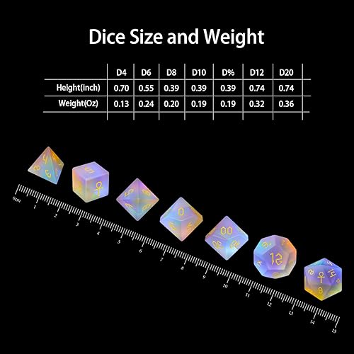 Miniatura 2 de LUCKY-M Juego de dados DND, 7 piezas de dados de vidrio arcoíris esmerilado, Calabozos y dragones, juego completo de dados poliédricos con funda de