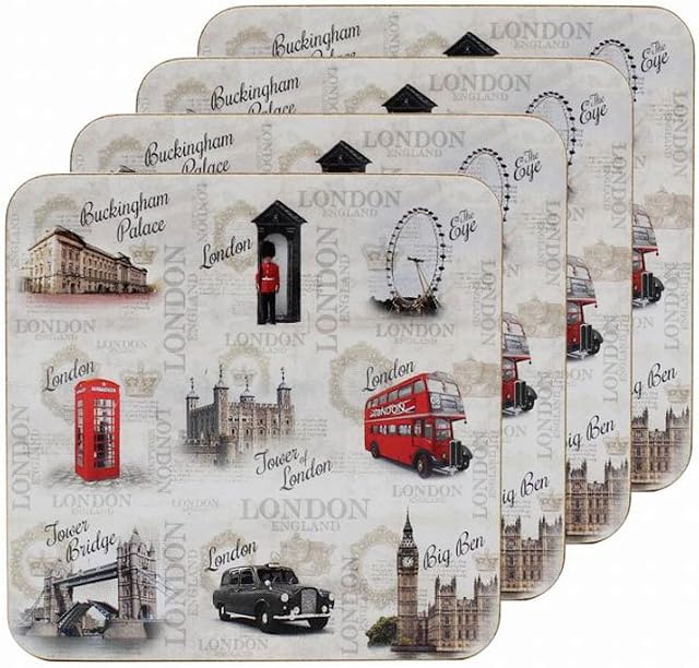 The Leonardo Collection LP41345 Vintage London England Coaster Set of 4, Cork, White
