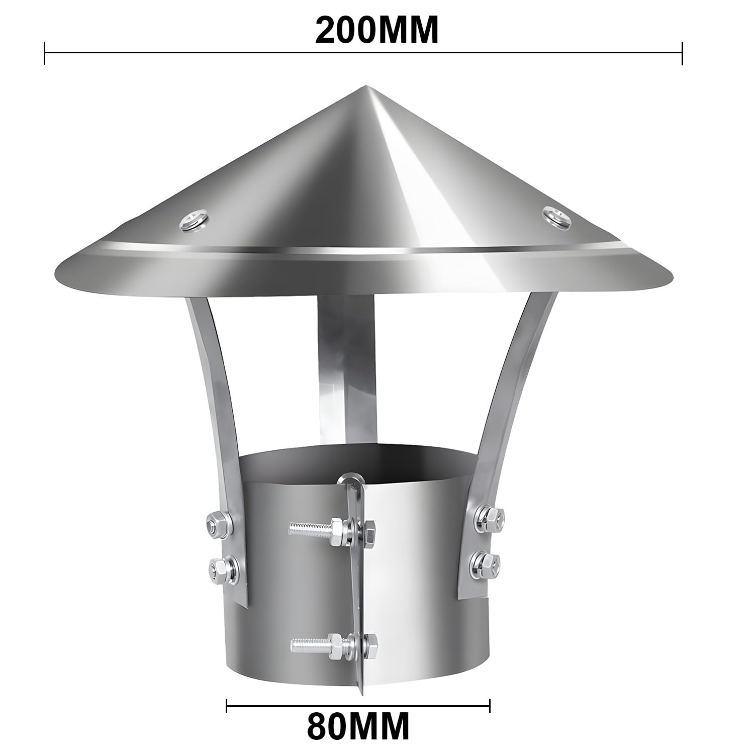 Sombreros para Chimeneas, Acero Inoxidable 201, a Prueba de Viento y Lluvia, Cubierta de Chimenea de 200 mm de Diámetro, Adecuada para Tuberías de 80 mm de Diámetro (Plata)