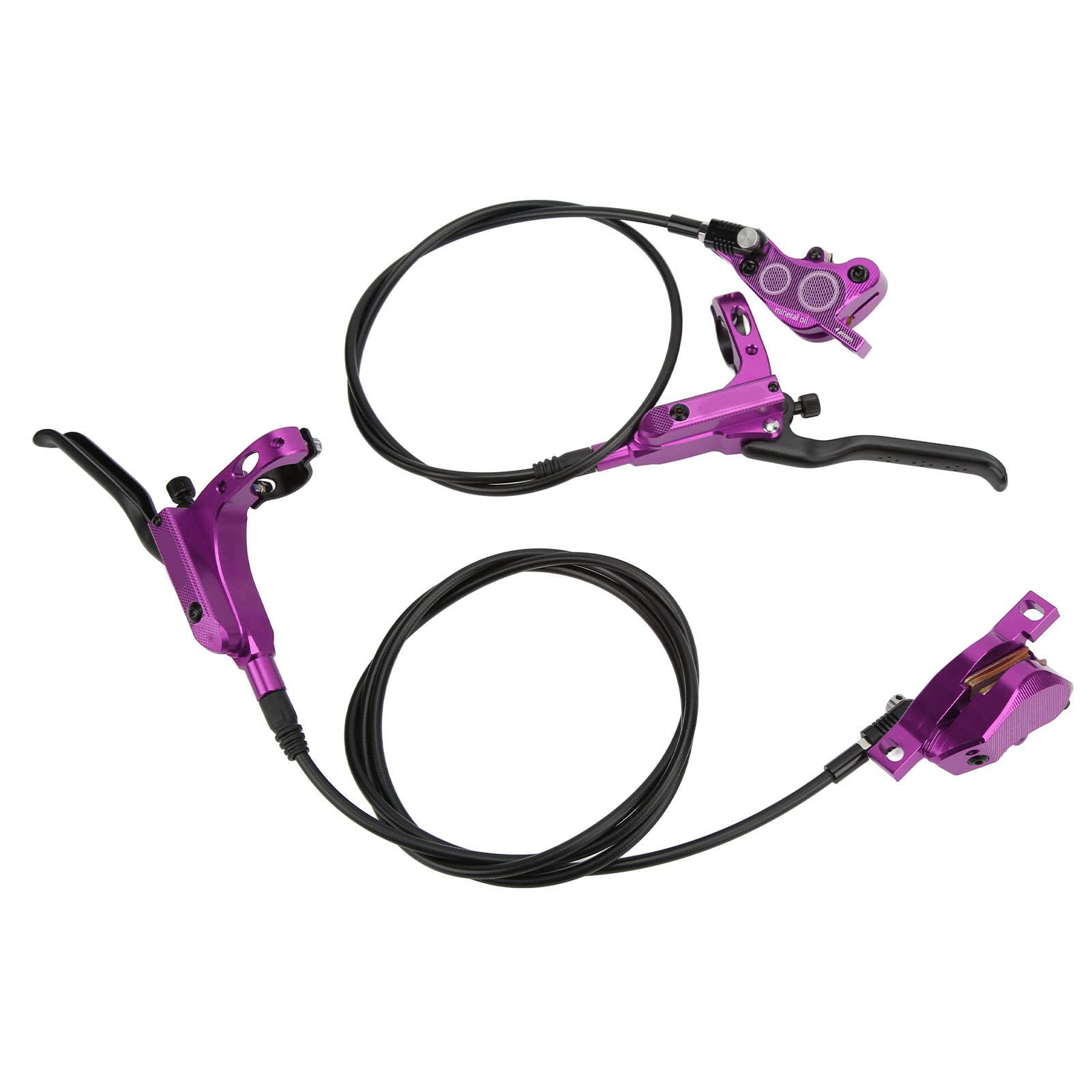 equlup Mountain Bike Hydraulic Disc Brake set, 4 Piston Front Rear Brake with Screw and Olive Head, Oil Needle, Mounting Column for Most Bikes (Purple)