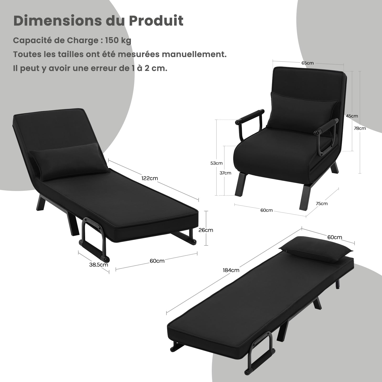 WOLTU Fauteuil Lit 1 Place Convertible, Canapé Lit Convertible 3 en 1, avec Dossier Réglable en 5 Positions, Fauteuil Salon, Oreiller Amovible, Siège Rembourré, 65x75x78cm, Noir