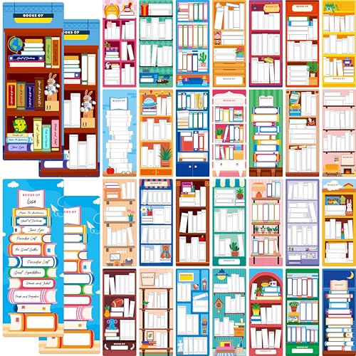 120 PCS Book Tracker Bookmarks, 30 Bookshelf Designs Double Sided Reading Page Markers Reading List Bookmarks for Kids, Adults, Students, Book Lovers All Ages (2.4” x 6.1”)