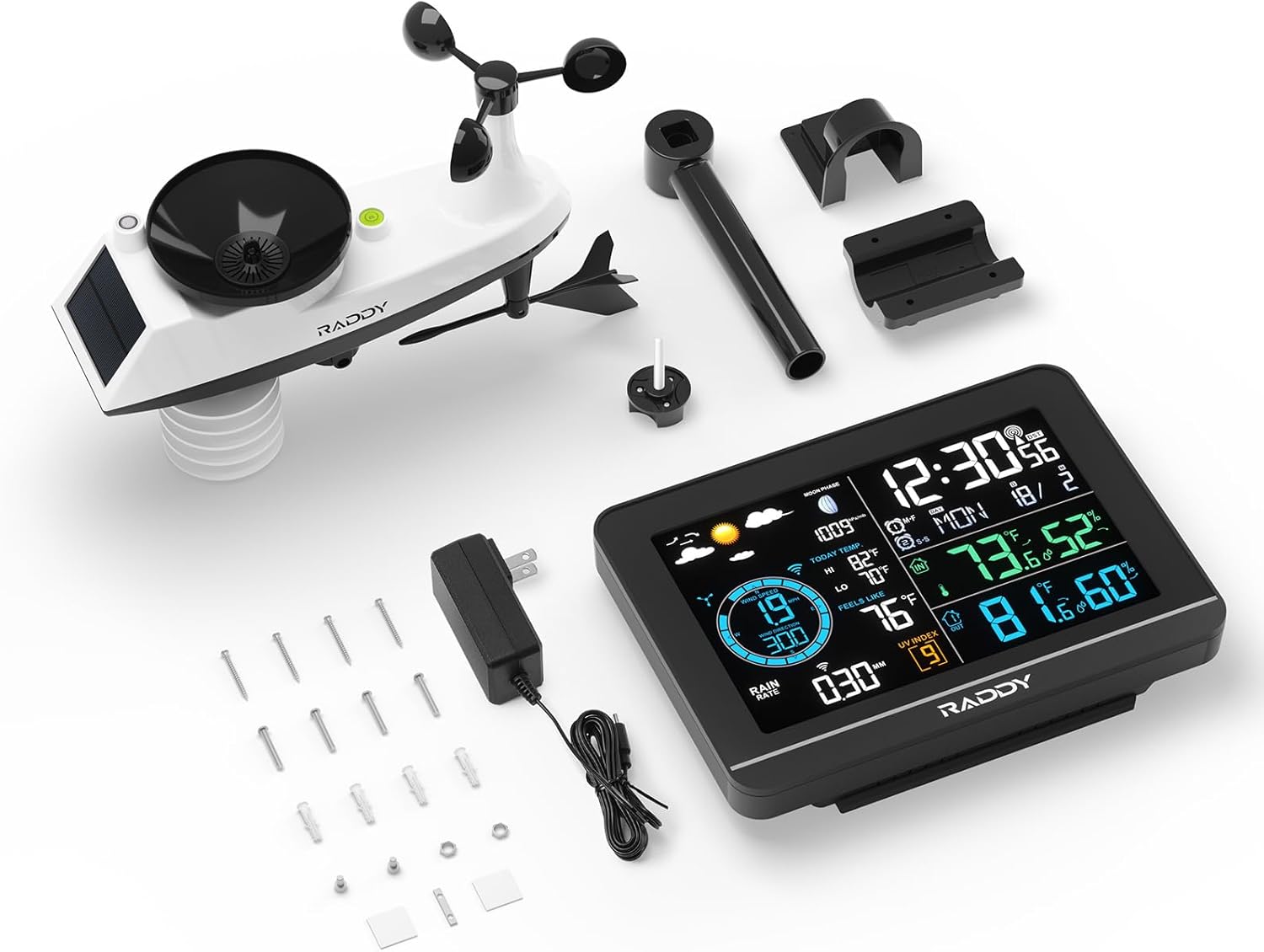 Raddy UV-6 Professional Weather Station with 6" VA Display and Outdoor Sensor, Wireless Indoor Outdoor Temperature & Humidity Monitor, Atomic Clock, UV & Light Index, Wind Speed, Rain Gauge