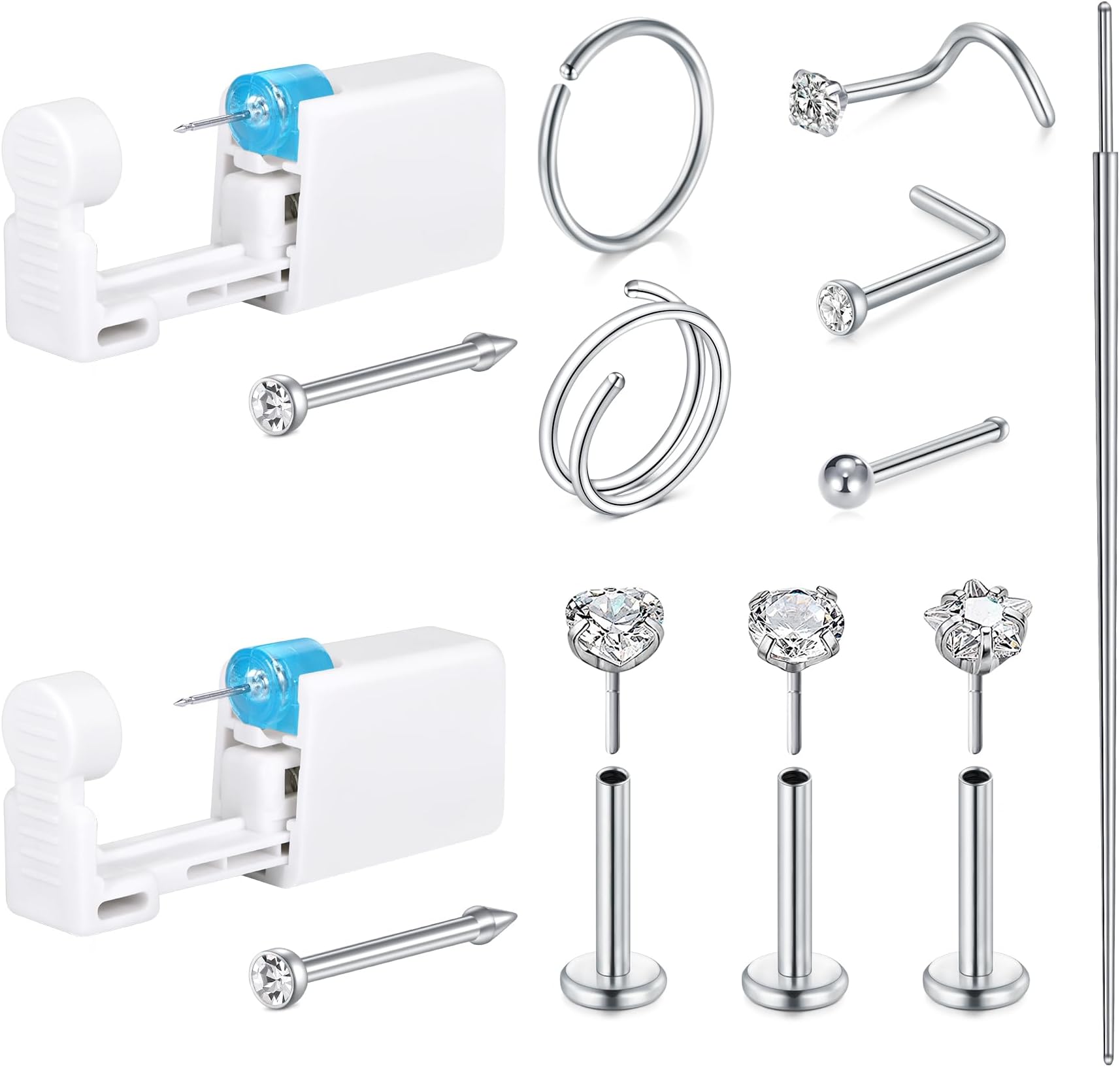 13Pcs Nose Piercing Kit Nose Ring Piercing Gun Silver Gold, Disposable Nostril Piercings Kit with Rings Hoops Studs Self Nostril Piercings Gun Kits at Home Piercer Tool