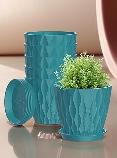 6 Packs 4 Inch Indoor Planter Pots with Drainage Hole and Tray Saucer,Flower Pots for Indoor Outdoor Garden Plants and Flowers, Blue