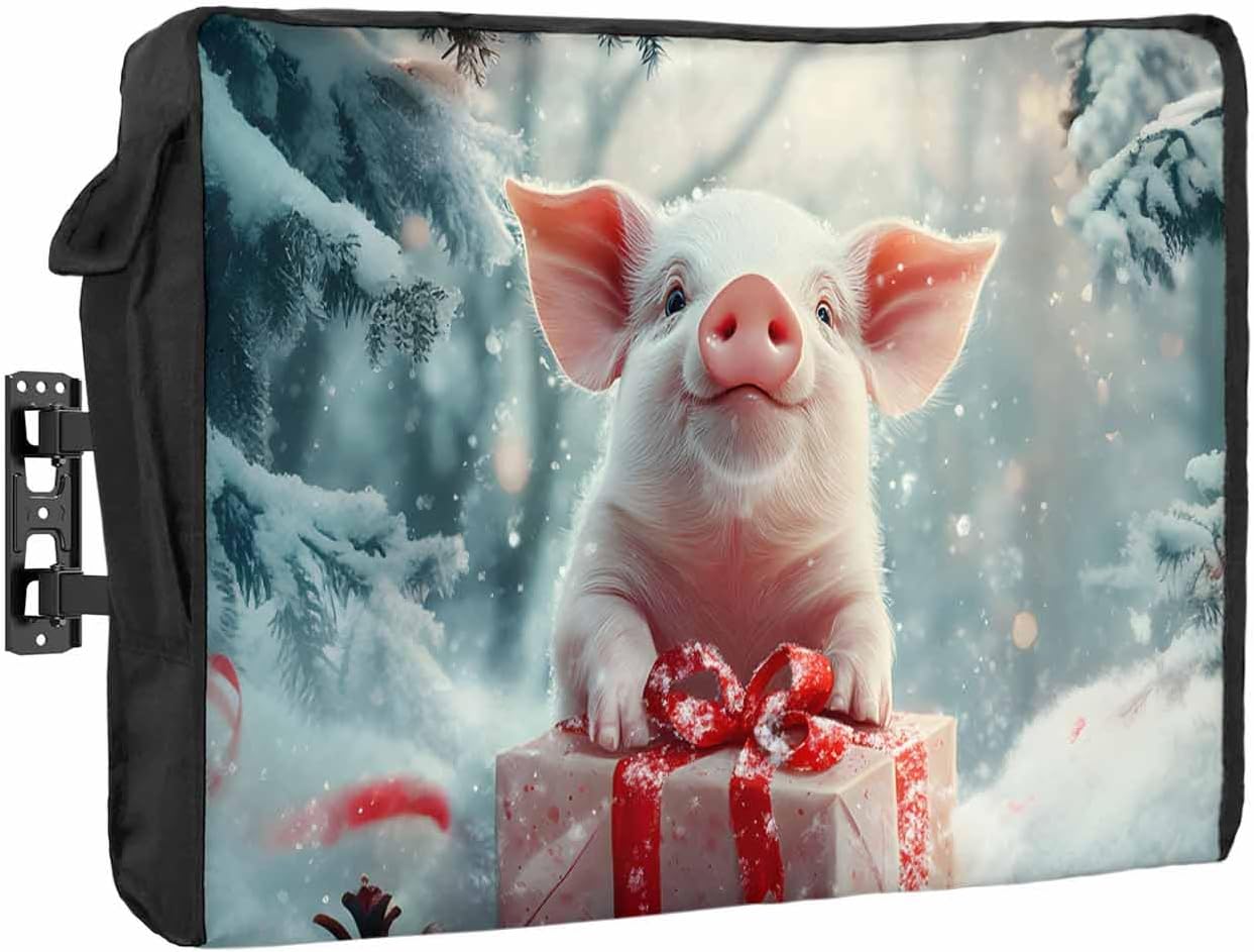 Christmas Pig Teal Outdoor TV Cover 70"-75" - 600D Waterproof TV Cover Weatherproof TV Screen Protector Dustproof Winter Xmas Tree Snowy TV Display Protector for Outside Flat Screen TV