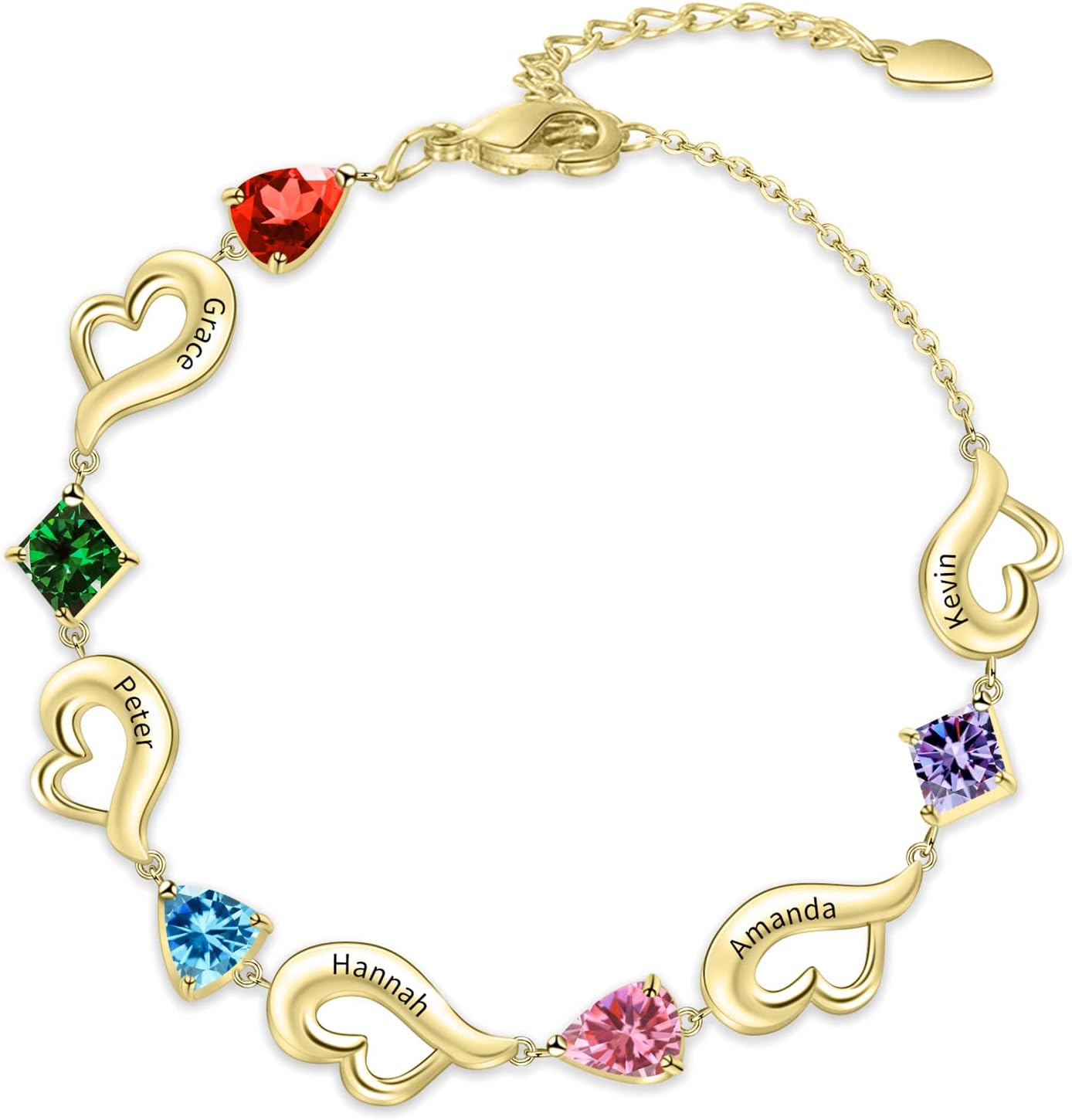 MissNaNa Personalized Heart Link Bracelet for Women Custom 1-6 Names Bracelets with Simulated Birthstones Adjustable Family Bracelets Christmas Gifts for Mother Daughter Teen Girls