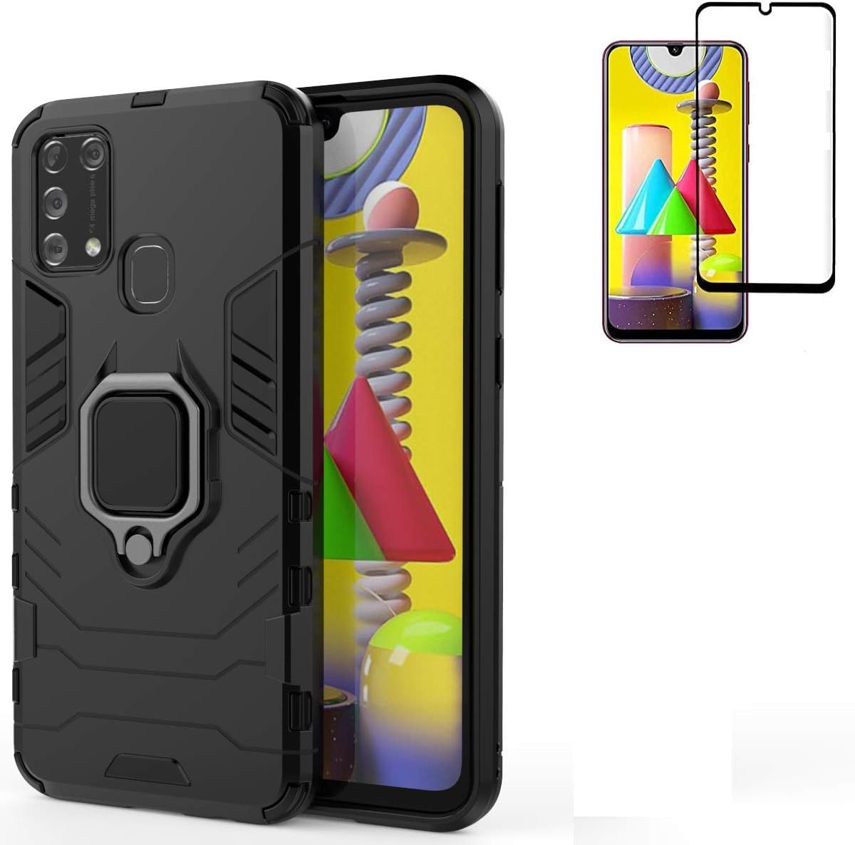 for Samsung Galaxy M31 Case with Glass Screen Protector,Hybrid Heavy Duty Shockproof Armor Dual Layer Protection Defender Back Case Cover for Samsung Galaxy M31 with Car mountand Ring Kickstand(Black)