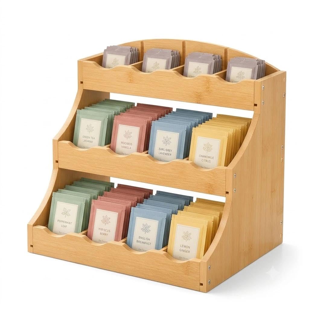 Tee Aufbewahrung, Teebeutel Organizer Stehend Bambus, Gewürzregal Stehend,Teeregal Hochkant aus Holz mit 12 Staufächern, für Küche, Büro, Zuckerpackungen,30,7 x 25 x 20,5 cm