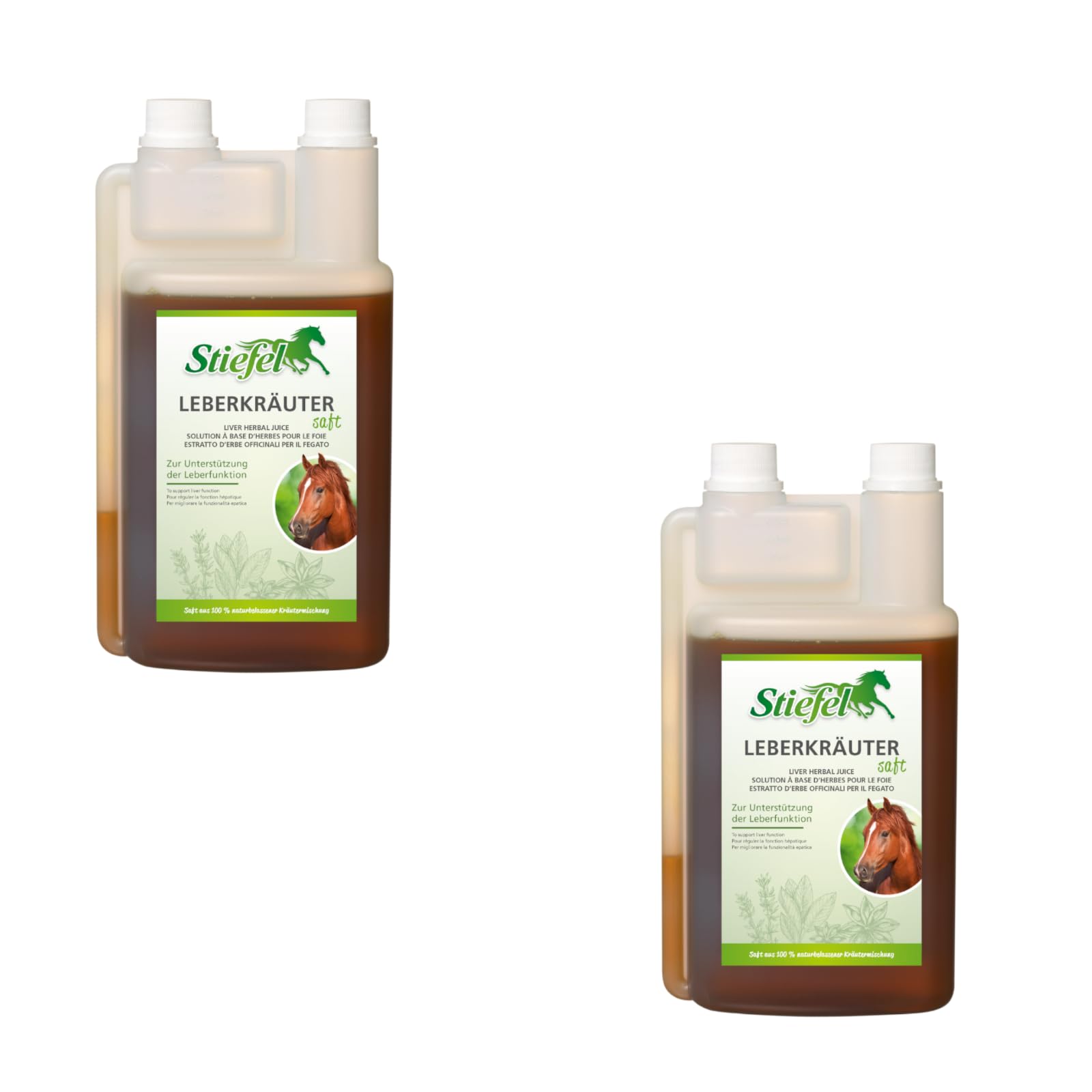 Stiefel Succo di erbe epatiche | Confezione doppia | 2 x 1 l | Mangime liquido complementare per cavalli | Per sostenere la funzionalità epatica e la rigenerazione delle cellule epatiche