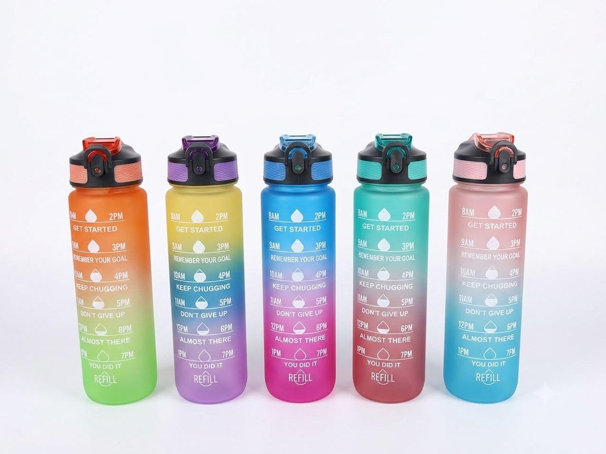 KIDDOS 1L Unbreakable Silicone Water Bottle with Motivational Time Marker | Durable BPA Free Non Toxic Leakproof Gym Bottle for Office Fitness Travel Sports | Multicolour-image-38
