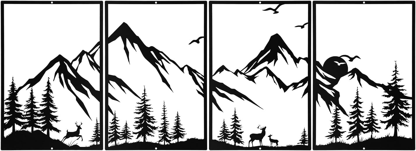 Sanwarm 4 Pieces Metal Modern Wall Decor, Black Wall Art Decors Mountain Iron Art Sculpture Nature Forest Minimalist Hanging Decoration for Home Bathroom Living Room Bedroom Garden Office