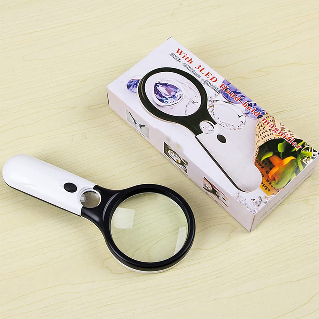 CanEve Lupa de Mano 3X45X con 3 Luces LED, Lupa iluminada iluminada, Lupa de Lectura for Lectura de Personas Mayores, Monedas, Sellos, Mapa, inspección Blanca Lupa