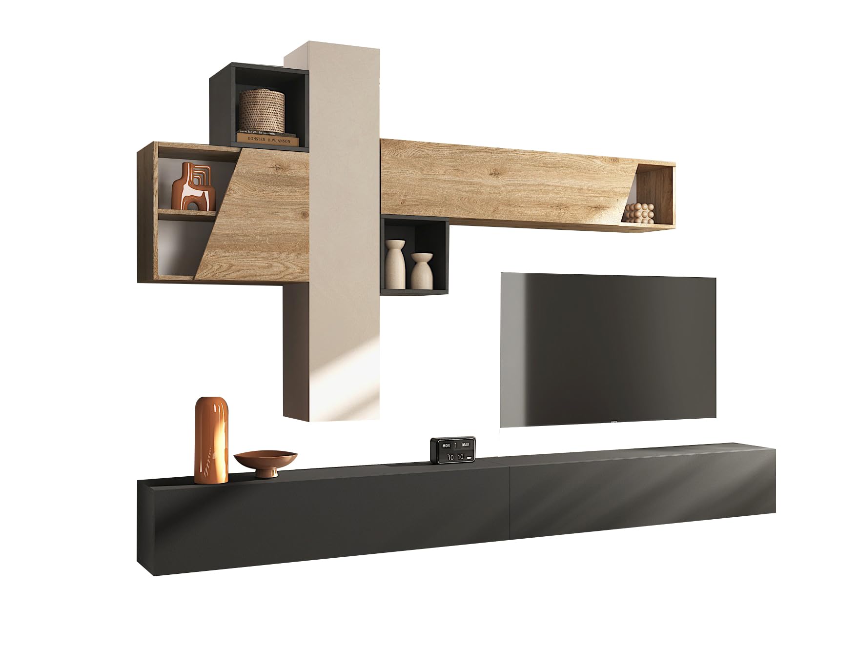 Parete Attrezzata Soggiorno Design Moderno 276x175 cm Composto da 2 Pensili 3 Cubi e Mobile Porta TV Sospeso con 2 Ante Rovere Beige e Grafite PAL81