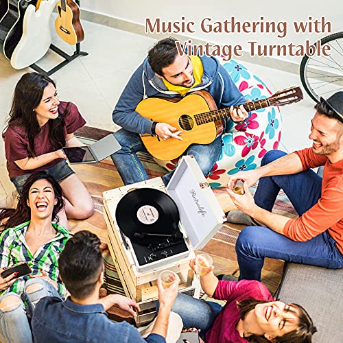 Image of Turntable Vinyl Record Player 3-Speed Suitcase Portable Belt-Driven Record Player with Built-in Speakers RCA Line Out AUX in Headphone Jack Vintage White