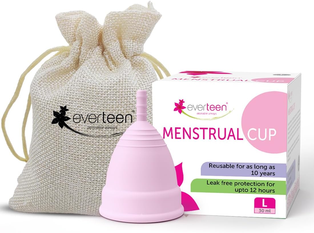 everteen® Menstrual Cup for Women- 1pc (Large, 30ml) with storage pouch- 12 hours Leak-Proof Protection. Have period with no smell, no discomfort.