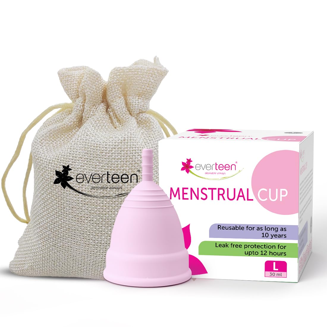 everteen Reusable Menstrual Cup Large Size for Women (30ml) with Pouch, Ultra Soft & Rash Free, 12 hours Leak-Proof Protection, No Discomfort or...