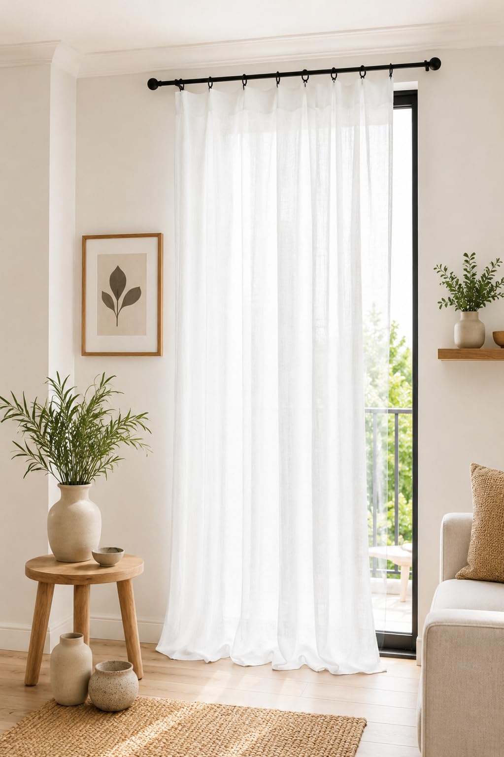 Rideau Ajustable Double Gaze de Coton 140 x 300 cm avec 8 Anneaux Pince GAÏ | Grande hauteur ajustable facilement par rabat
