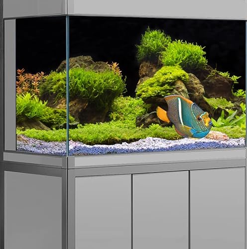 Pinpai 30X18 Inches Fish Aquarium Background, Black River Bed & Lake Aquatic Plant Terrarium Background Decor, Moss Grass Landscape Durable Polyester Background with 8 EVA Double-Sided Tapes