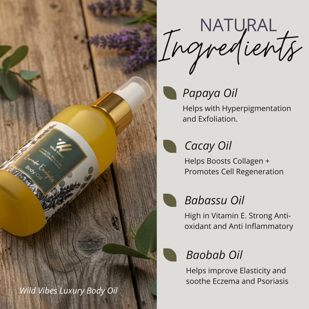 Wild Vibes Lavender Eucalyptus Body & Massage Oil - Aromatherapy, Jojoba, Papaya & Shea Nut Oil, Vitamin E, Lupine Seed Extract for Collagen Production – Nourishing Oil for All Skin Types 4oz