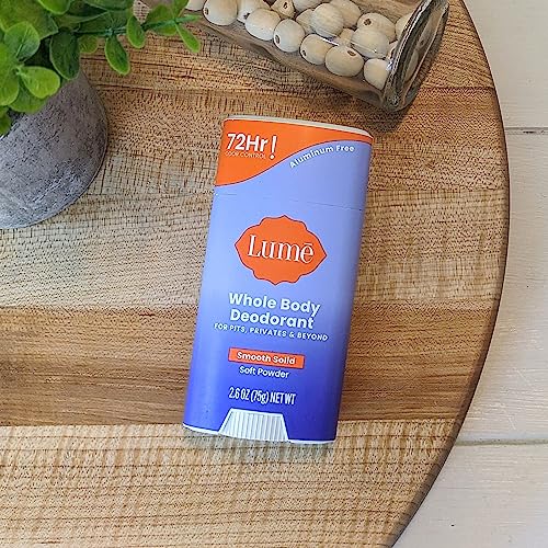 lume whole body deodorant - smooth solid stick - 72 hour odor control - aluminum free baking soda free and skin safe - 26 ounce pack of 2 soft powder