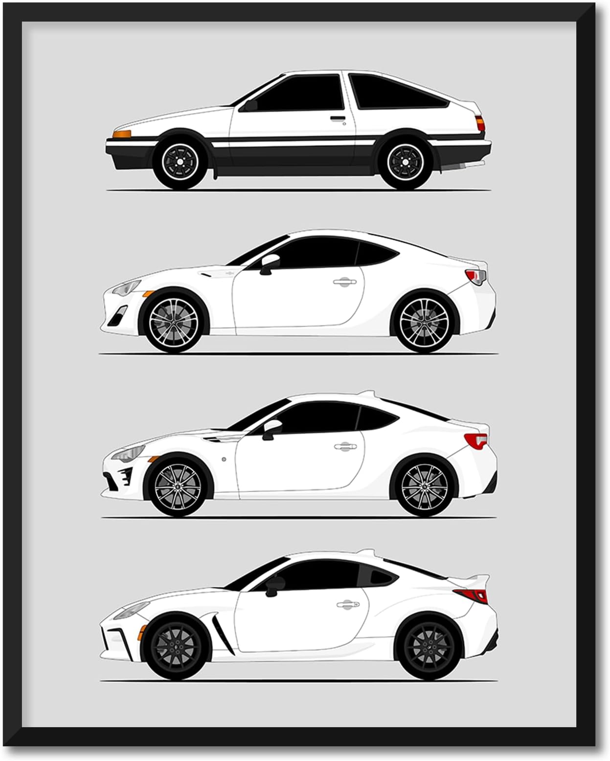 Idea Network Handmade Poster compatible with Toyota (Scion) FR-S GT86 GR86 Print Wall Art Decor of Toyota FRS Generations History - White 24x36 Satin Print (Unframed)