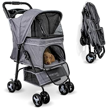 Mobiclinic Pets Foldable Dog Trolley Up to 15 kg Ideal for Small Dogs Zuma Wheels with 360  Brakes XXL Basket 3 Window Zip and Mosquito Net Cup Holder Grey