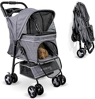 Mobiclinic® pets, Carrinho para cães dobrável, Ideal para pequenos e seniores, Zuma, Até 15 kg, Rodas com freios 360º, Cesta xxl, 3 janelas com mosquiteiro de zíper, Porta-copos, Cinza