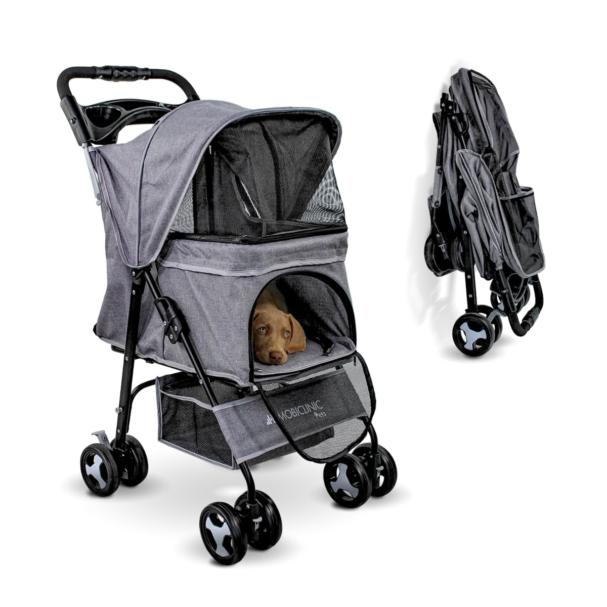Mobiclinic® Pets, Carrito para Perros Plegable, Ideal para Perros Pequeños y Senior, Zuma, Hasta 15 kg, Ruedas con frenos 360º, Cesta XXL, 3 Ventanas con cremallera y mosquitera, Portavasos, Gris