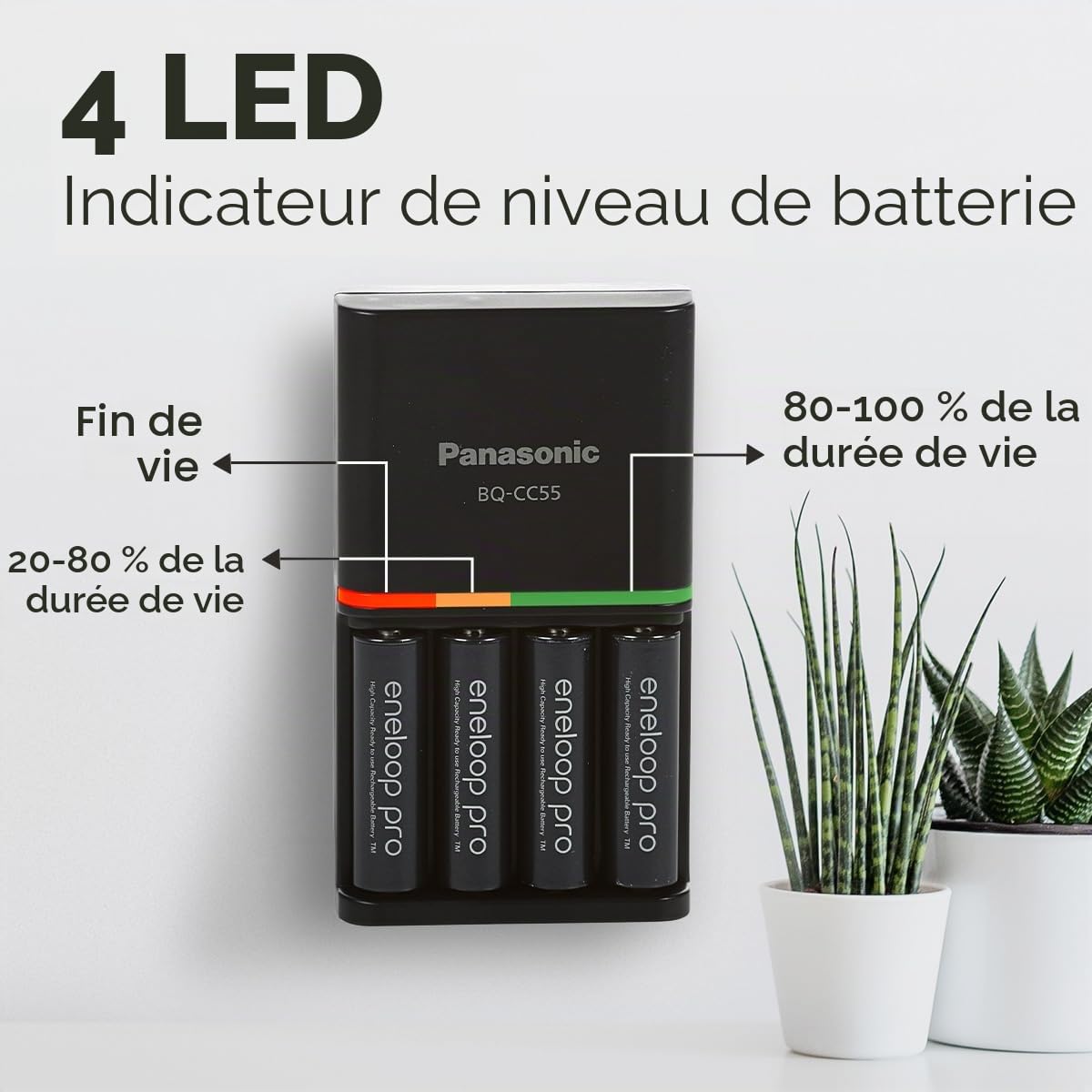 Panasonic eneloop SmartPlus Chargeur pour 1-4 Piles AA/AAA NI-MH, avec 4 voyants LED et 10 Fonctions de sécurité, y Compris 4 Piles eneloop AA/Mignon Capacité améliorée de Min. 2000