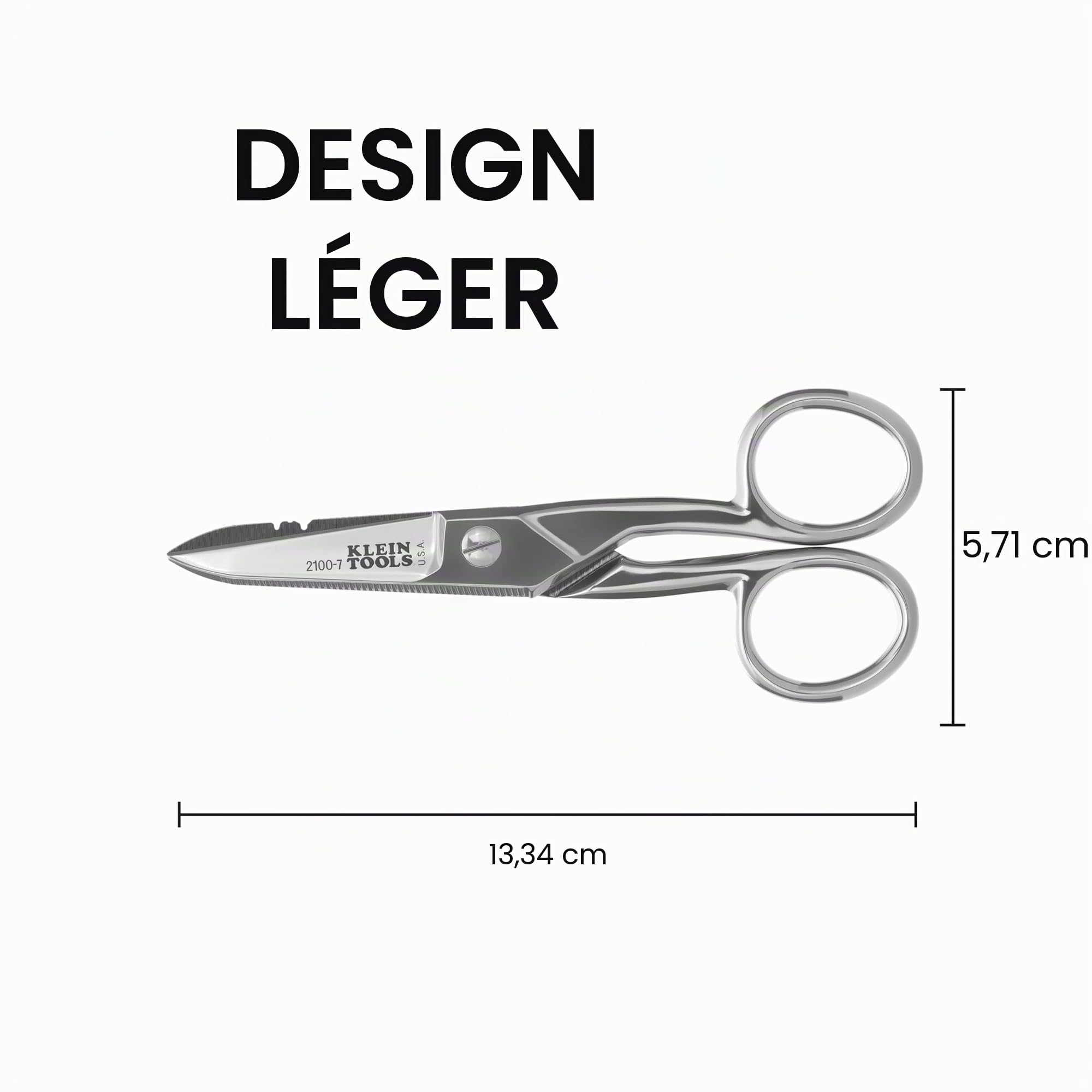 Klein Tools 2100-7 | Ciseaux d’électricien nickelés | Encoches 0,91 mm² et 0,26 mm² | Lame dentelée | Grattoir et lime | Acier anticorrosion