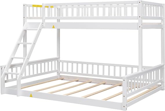 Merax Twin XL Over Queen Floor Bunk Bed, Kids White Wood Bunk Bed Frame with Ladder & Guardrails, Space Saving Teens Youths Beds for Bedroom, Guest Room, Noise Free, No Box Spring Needed, White