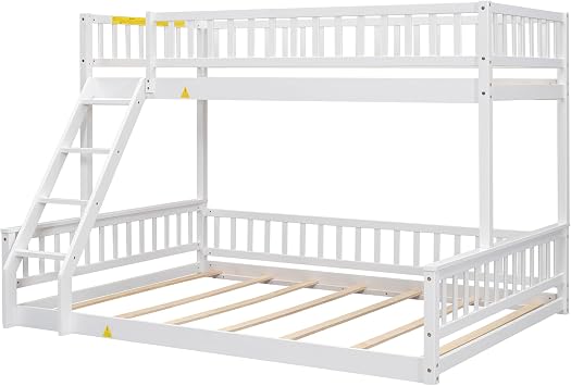Merax Twin XL Over Queen Floor Bunk Bed, Kids White Wood Bunk Bed Frame with Ladder & Guardrails, Space Saving Teens Youths Beds for Bedroom, Guest Room, Noise Free, No Box Spring Needed, White
