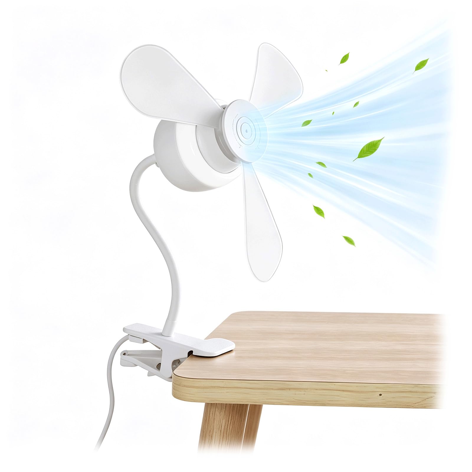 pam4nitox Plug-In Mini Fan with Light, 6500K Desk Fan Lamp, 3-Mode Low Noise Clip Fan (Light/Fan/Both), Flexible Gooseneck, Strong Grip Clip, Cool White Small Fan for Kitchen, Bedroom, Study