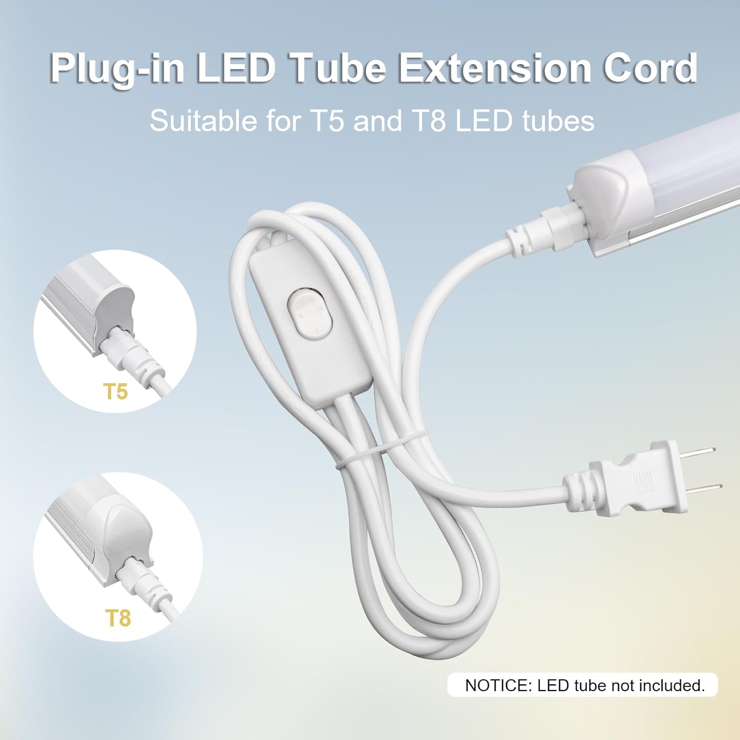 DiCUNO 6.6FT T5 T8 Tube Light Extension Cord with On/Off Switch, US Plug Cable Connector for LED Integrated Single Fixture, Shop Light, Garage, Under Cabinet, White, Pack of 2