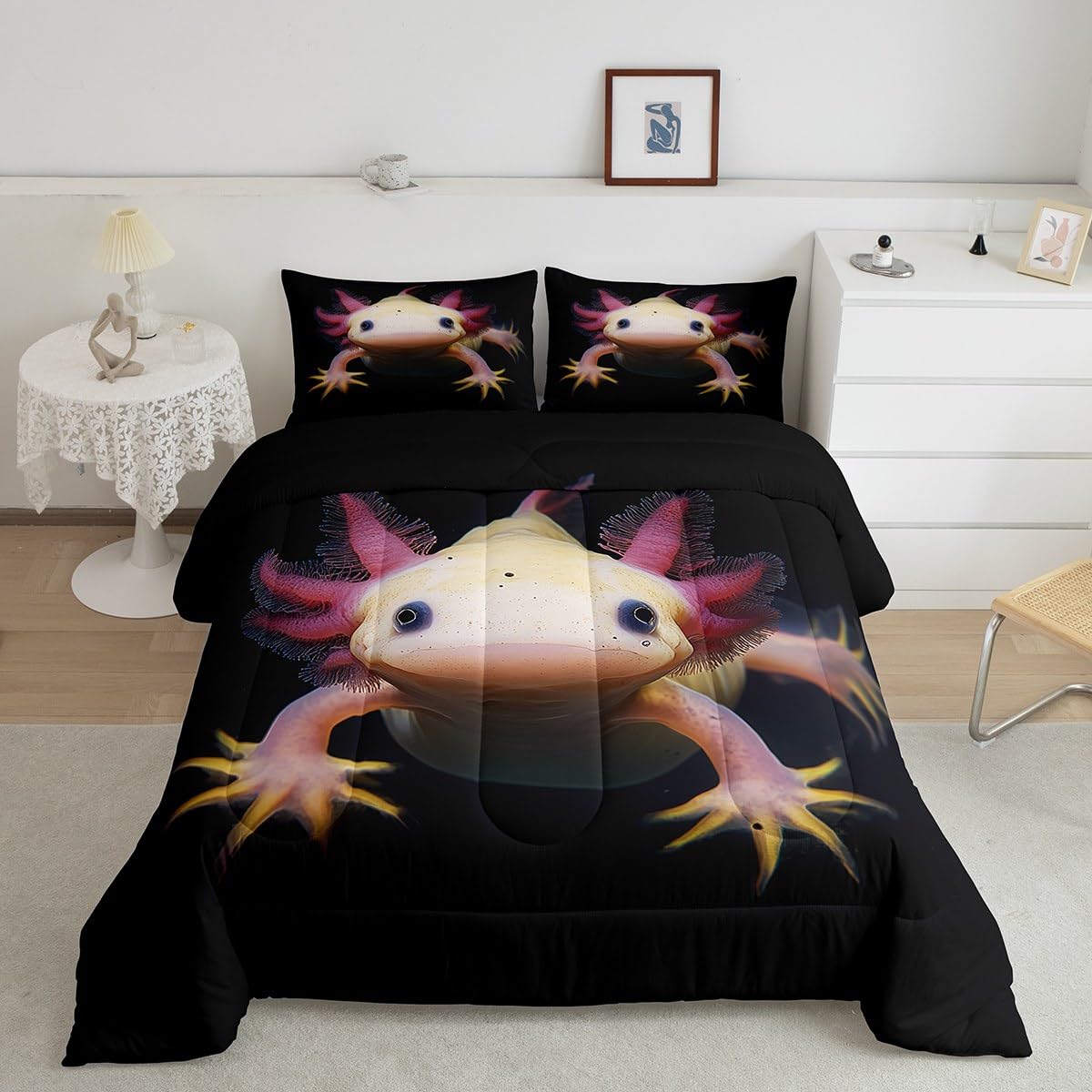 Axolotl Bettwäsche-Set 100% Baumwolle – Bettbezug 155x220 Cm Mit Kissenbezug, Schwarz, Für Kinder & Gamer