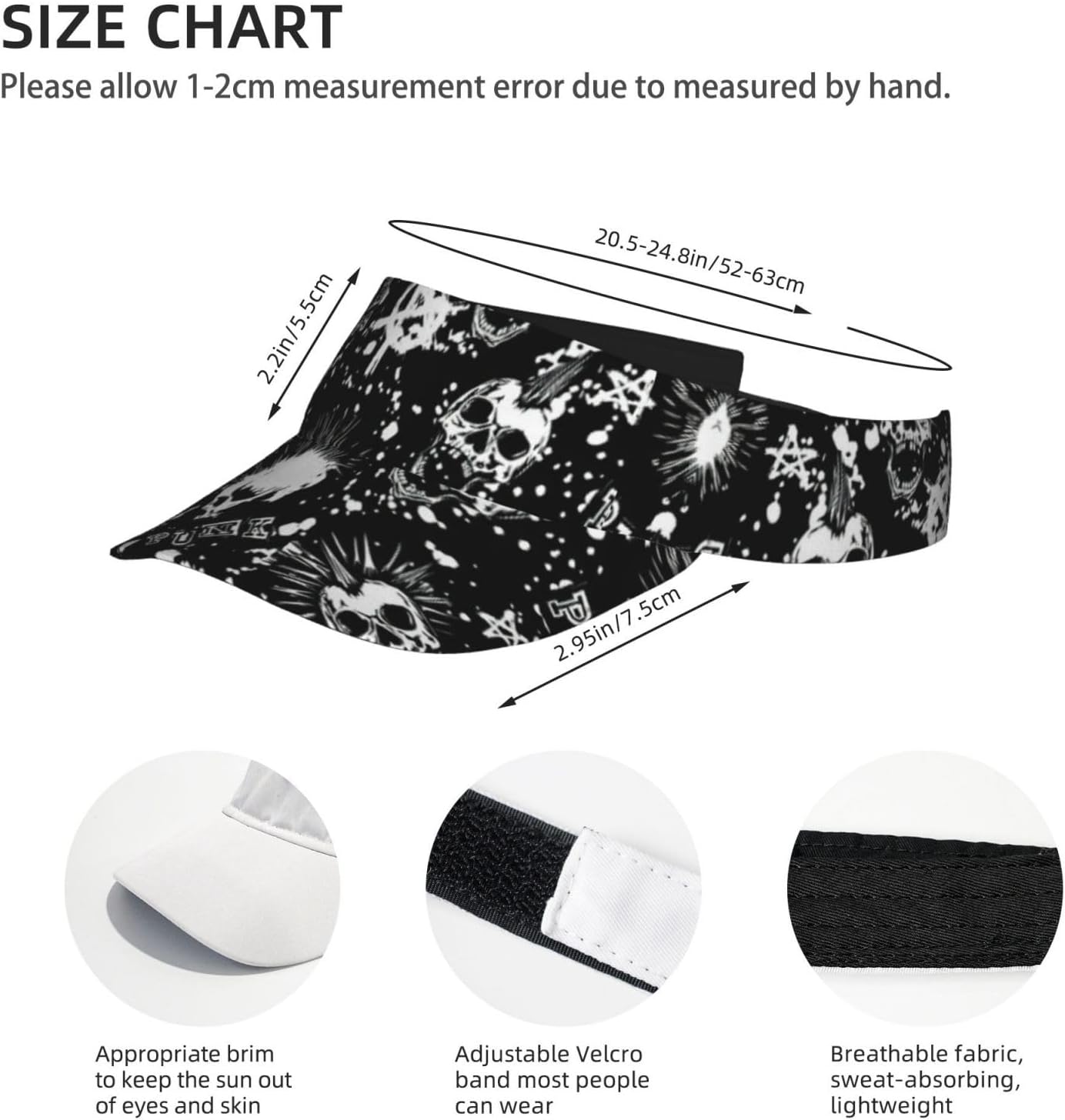 White Punk Skull Print Sports Sun Visor Hats,Adjustable Sun Caps for Men Women Adults Lightweight