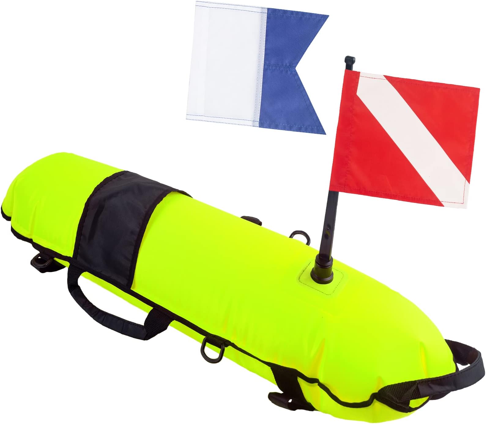 Inflation Torpedo Buoy, High Visibility Diver Down Safety Surface Marker Buoy Signal Float with 2 Dive Flag, Diver Down Flag + Alpha Flag for Underwater Scuba Diving Spearfishing