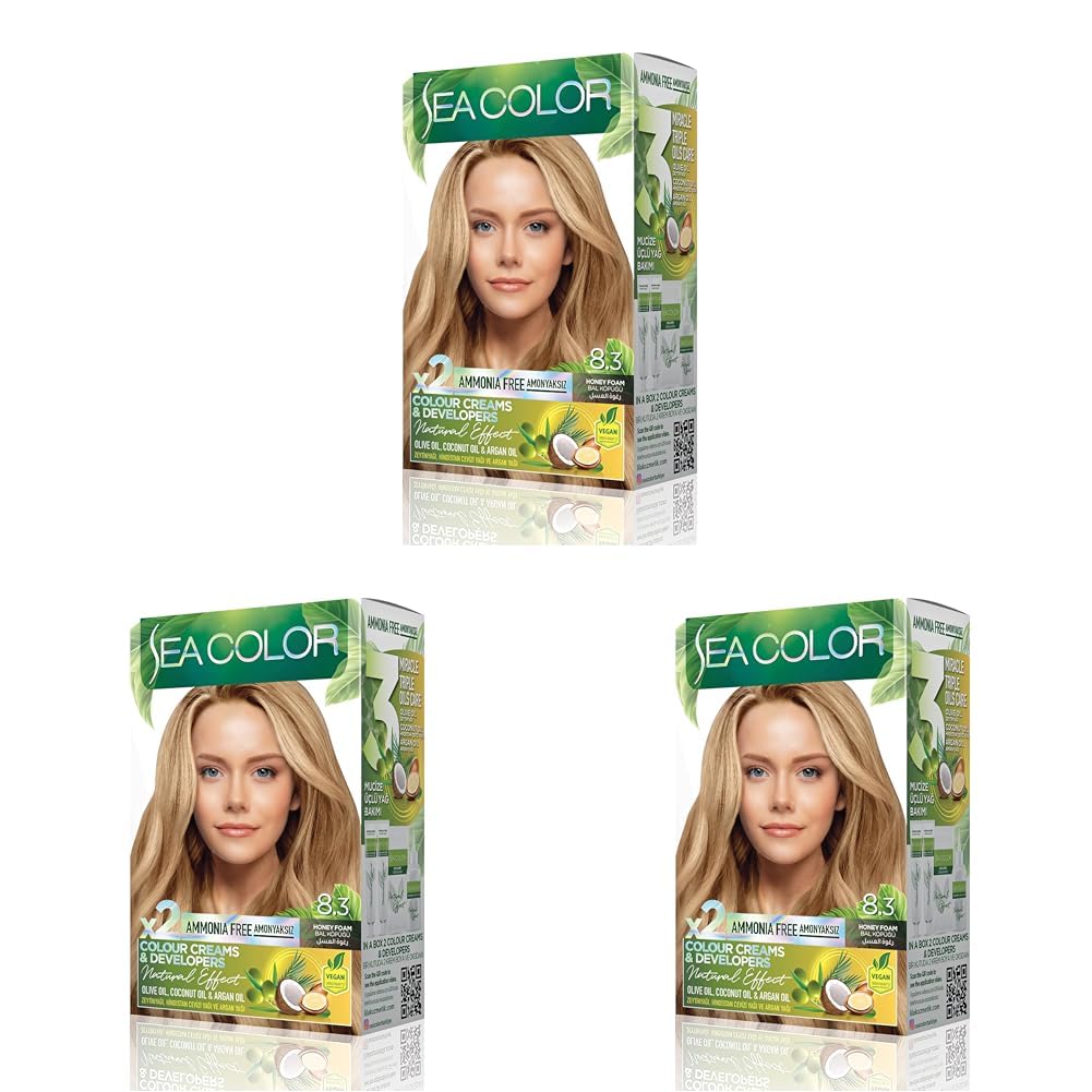 SEA COLOR Amonyaksız, Vegan, Doğal, Besleyici Kalıcı Saç Boyası%100 Beyaz Kapama (1 PAKET 2 x 50 ml Boya & OKSİDAN) (Bal Köpüğü 8.3) (3 paketi)