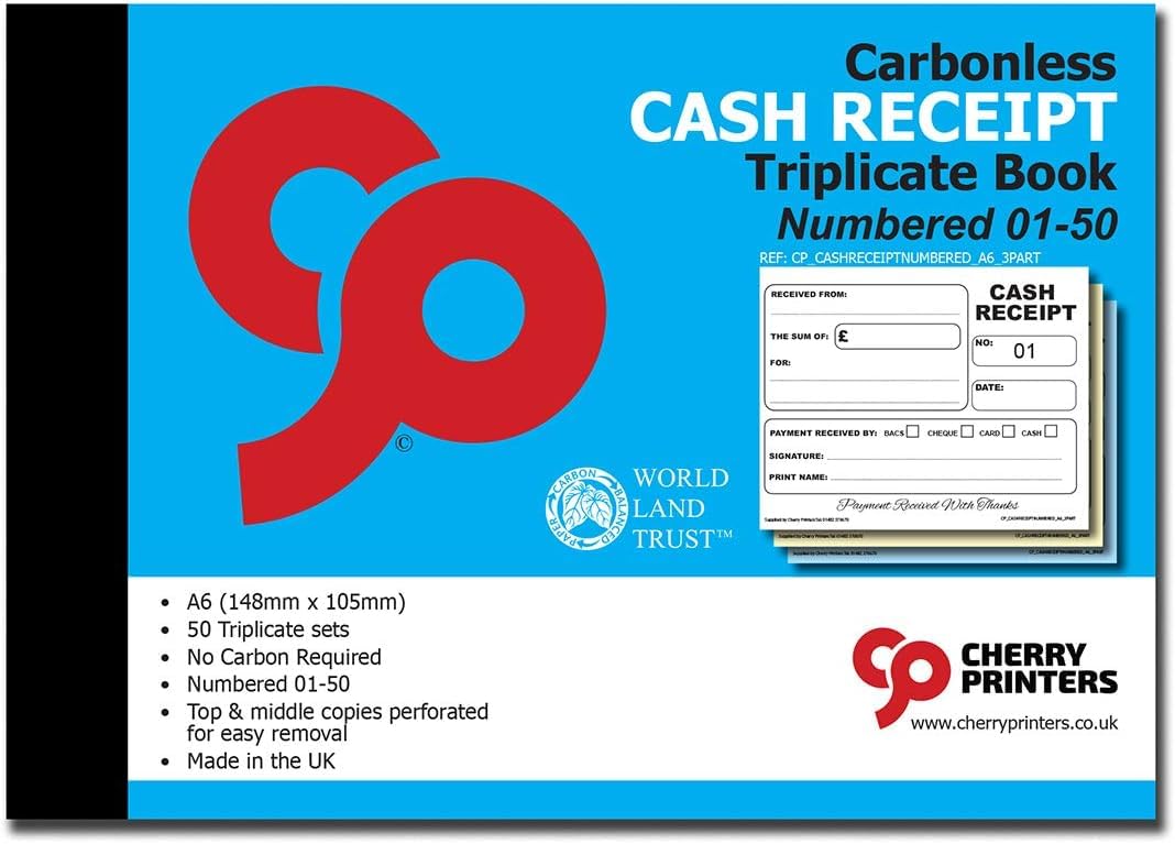 Cherry Carbonless (NCR) Cash Receipt Book Triplicate A6 50 Sets Numbered 1-50 Perfect for The Self Employed and Taxis **4 Pack**