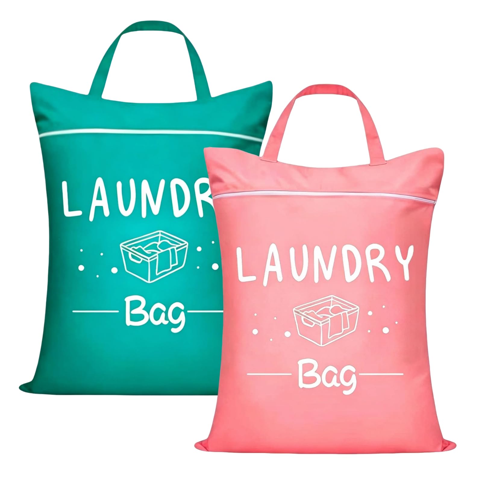 2 Pcs Travel Laundry Bags with Zips, Foldable Oxford Cloth Washing Sacks for Laundry, Portable Wet Bags for Swimming, Gym, Dirty Clothes, Shoes (Pink & Green, 22.8x18.1 in)