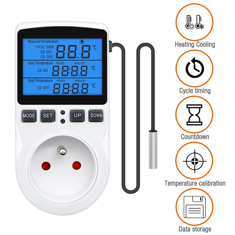 Thermostat Prise 220V pour Terrarium, avec Sonde, Régulateur de Température Numérique pour Chauffage et Refroidissement (Lumière Bleue)