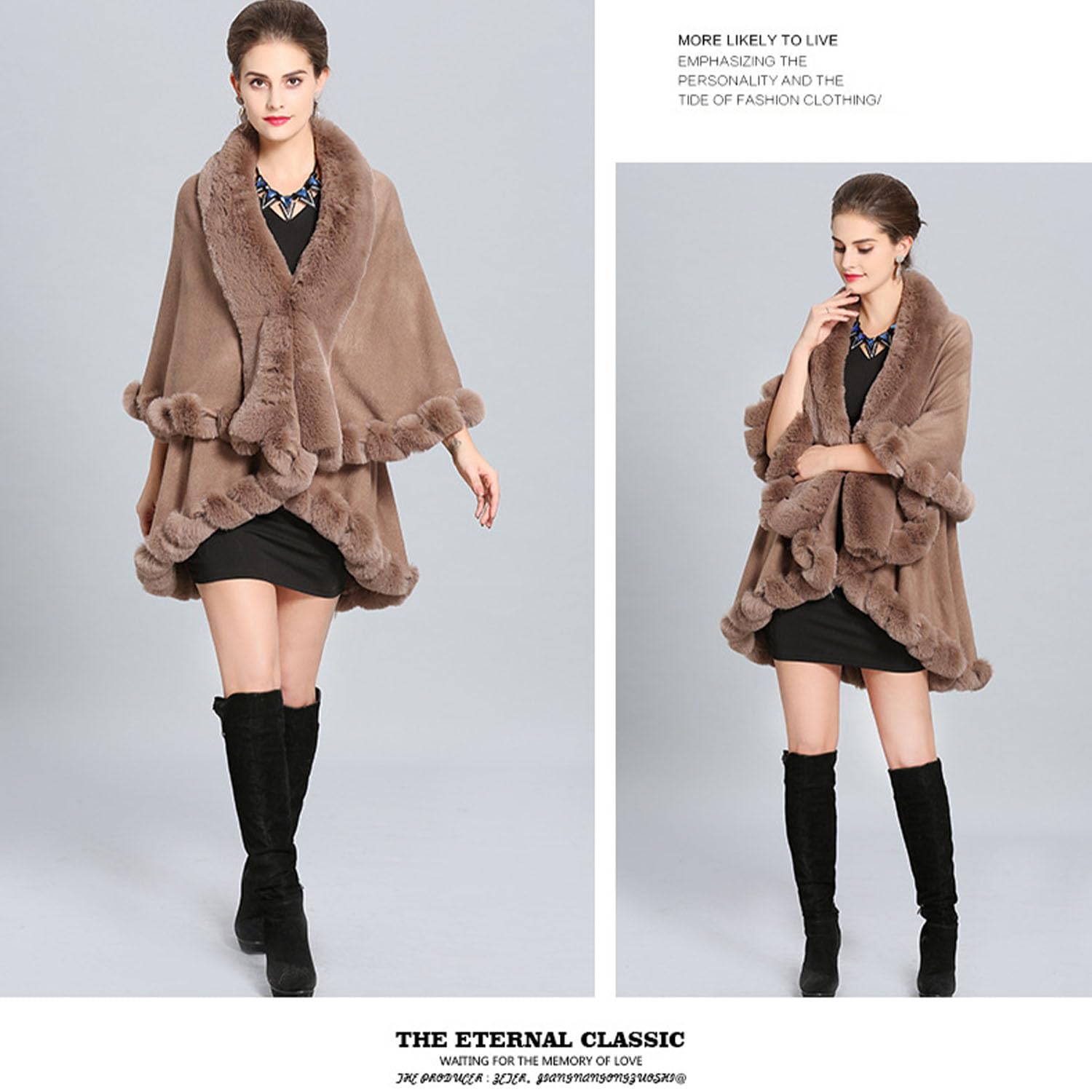 Invierno de Punto Chal Poncho de Piel Sintética con Cuello de Plátano Suelta Doble Estola Cálida Sobredimensionada Suéter de la Capa para Las Mujeres de la Señora Mamá