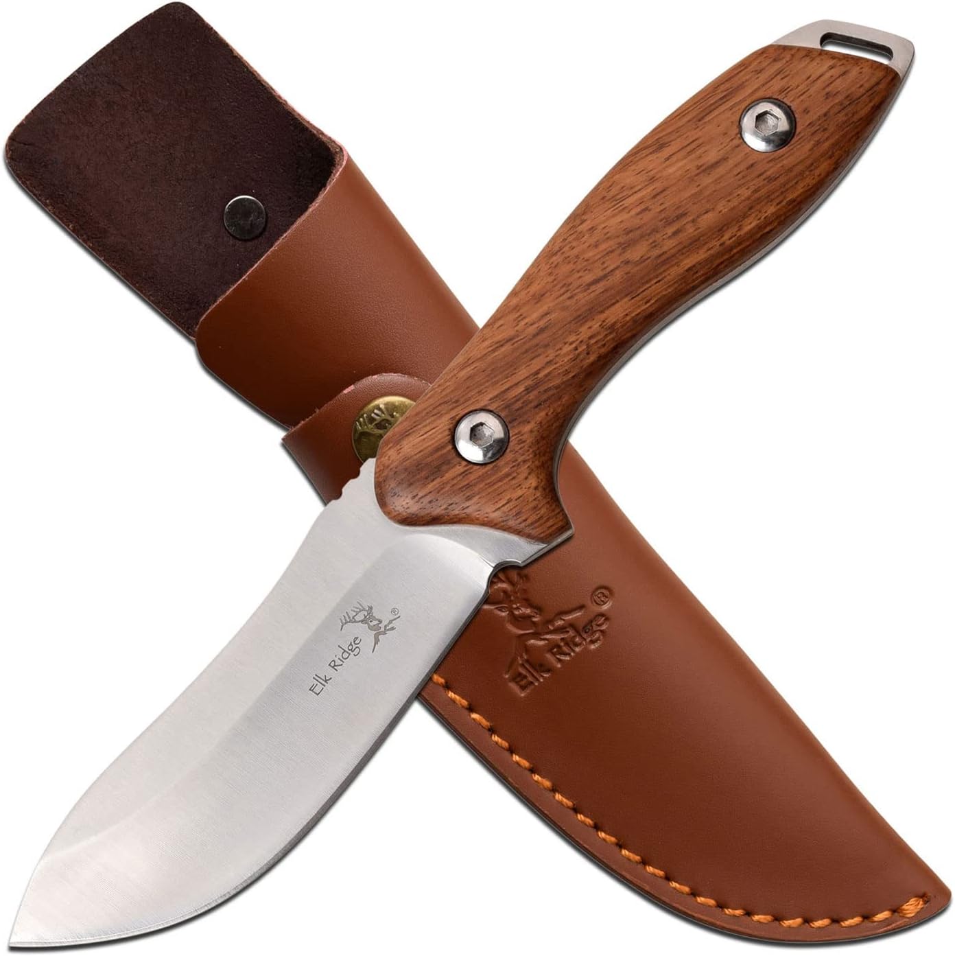 Elk Ridge - Outdoors Fixed Blade Knife - 9-in Overall, 4-in Stainless Steel Blade, Full Tang Construction, Rose Wood Handle, Leather Sheath - Hunting, Camping, Survival - ER-200-03D