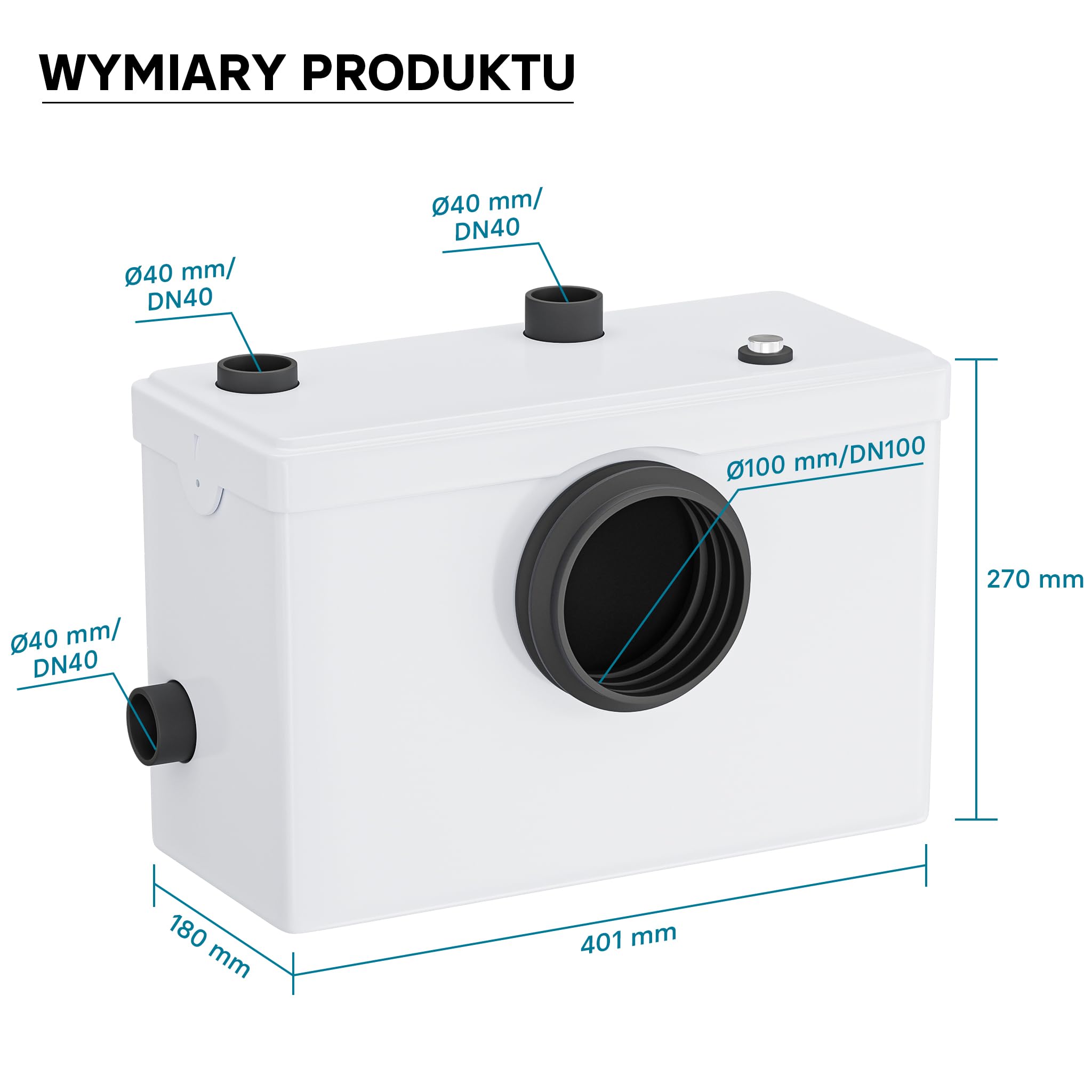Wiltec Mała pompa ściekowa 600 W z rozdrabniaczem, wysokość podnoszenia 10 m, 3 wloty, do WC i prysznica